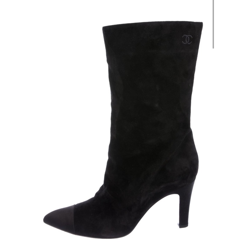 Chanel Black Suede Mid-Calf Boots Pointed Toe CC Logo Heels IT 39 US 9